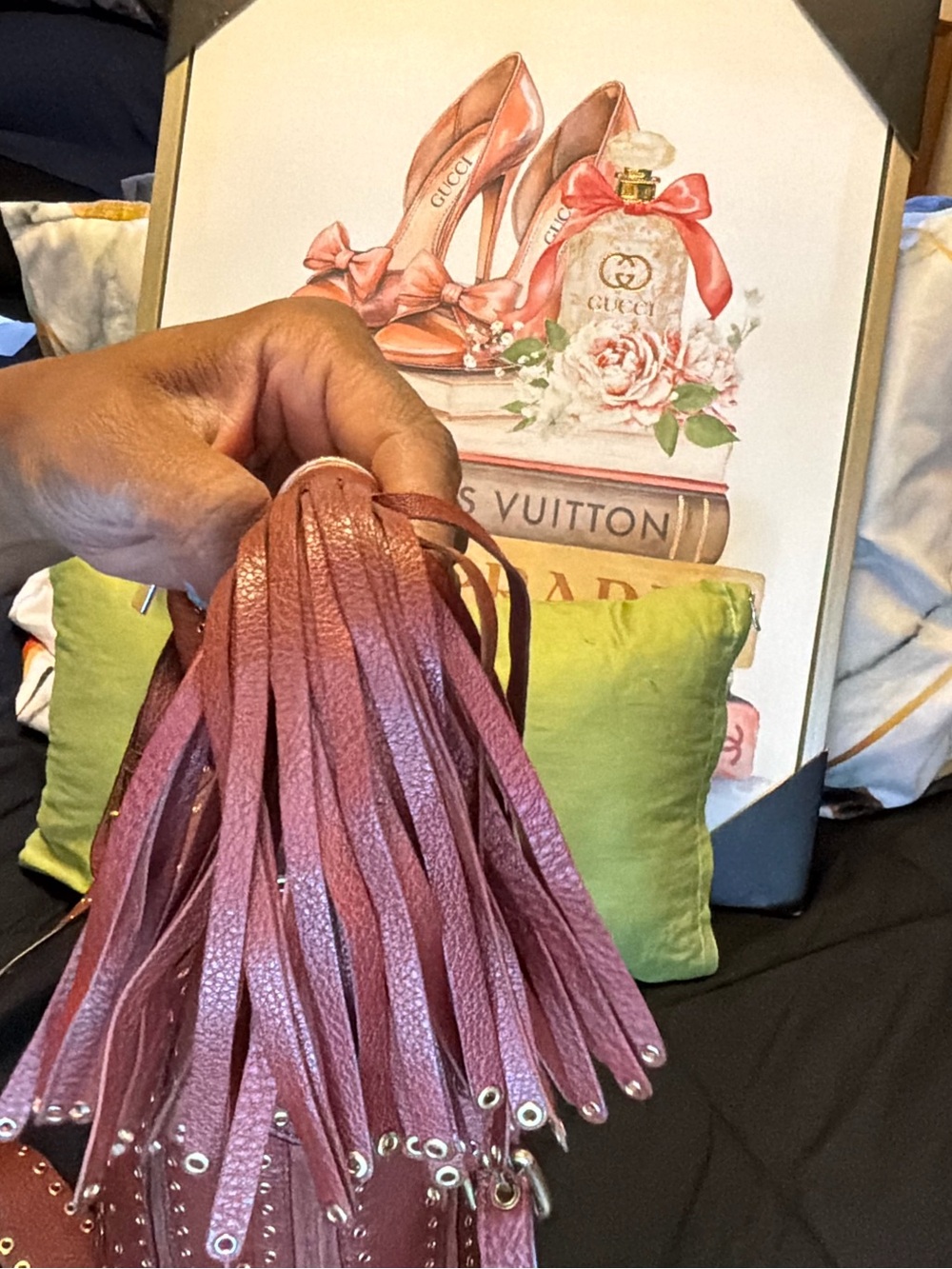 Michael Kors Astor Burgundy Pebbled Leather Grommet Tassel Shoulder Bag - Picture 4 of 16